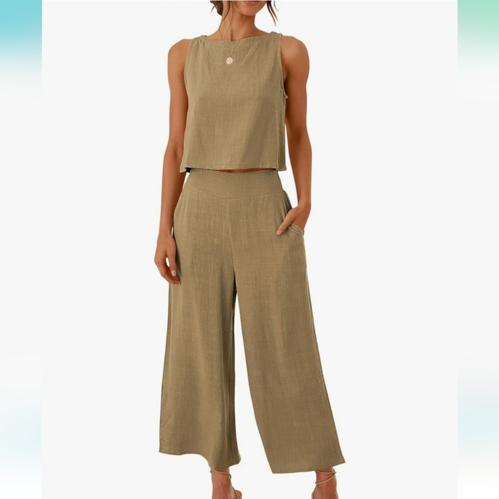 Women's Tan Sleeveless 2pc Linen Blend Pamt Set, Size S